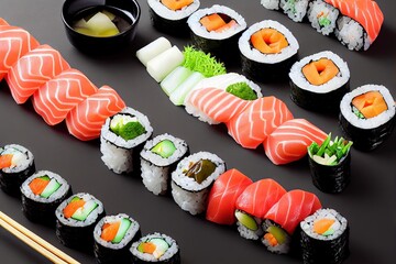 Sticker - Variety of seafood, sashimi and sauce in sushi set on gray background., created with generative ai