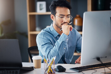 Aufkleber - Serious, business man and thinking on computer in office, internet research and website. Focused male employee, desktop and solution of ideas, planning decision and review strategy, project or vision