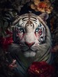 Portrait of a white tiger with blue eyes among flowers. Generative AI.