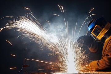 Canvas Print - Fountain of sparks and smoke during welding process., created with generative ai