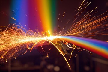 Canvas Print - Rainbow Interference Welding process with sparks and splashes of fire in rolled metal., created with generative ai