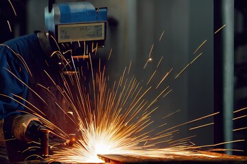 Canvas Print - Sheaf flying claim during operation and welding process on machine., created with generative ai