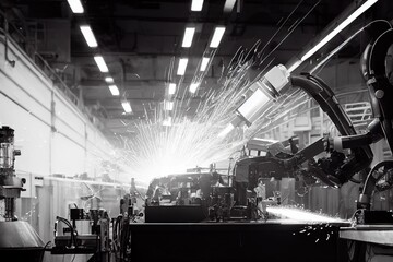 Canvas Print - Welding process in large workshop at steel and iron processing plant., created with generative ai