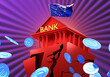Bankruptcy of European bank. Crumbling bank office. Bankruptcy bank with Europe flag. Euro money fly out of cracks in building. Bankruptcy banking corporation EU. Financial crisis in Europe. 3d image