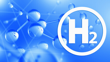 H2 chemical element. Structure of hydrogen. Molecule h2 background. Concept of scientific experiments with hydrogen. H2 logo for hydrogen energy. Concept of turning fuel into water. 3d image