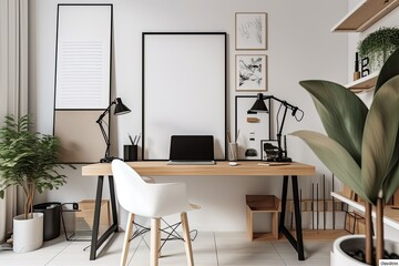 Wall Mural - A modern workspace with art materials and a mockup poster office and copy area. Generative AI