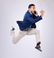 phone call, rush and late with a business man on white background in studio running to an appointmen