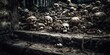 Skeletal remains strewn all over ancient decaying castle stone steps, broken and shattered sacrificed human skulls, scary macabre scene - generative AI