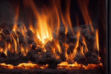 Canvas Print - Burning molten charcoal briquettes with bright yellow flames., created with generative ai