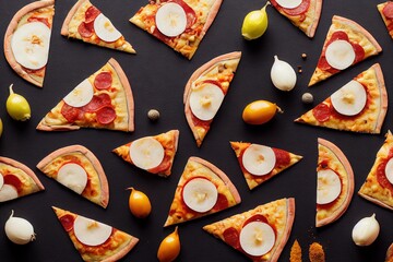 Wall Mural - Triangular pizza slices with egg pattern on black background., created with generative ai