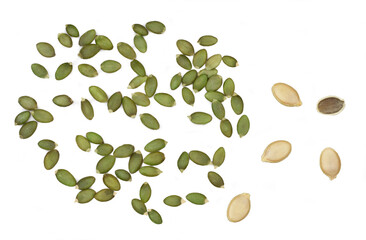 Wall Mural - Pumpkin seeds isolated on a white background, top view.