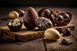 luxury chocolate easter eggs on a wooden table, generative AI