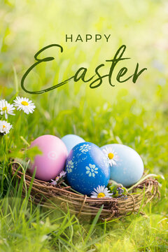 Fototapete - Happy Easter Card  -  Nest with Easter eggs in grass on a sunny spring day - Easter decoration, background  -  Copy space
