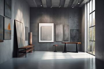 Sticker - Interior of contemporary, dark gray gallery with mockups mounted on the wall and a pedestal. Interior of a museum or exhibition. Generative AI