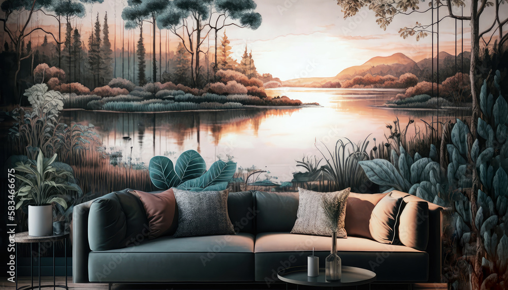 Watercolor Wallpaper of Living Room with Lake, Trees and Bird ...