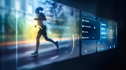  Exercise,runnung with digital technology or gadget system progarm.smart lifestyle with healthy concepts.Generative ai images