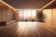 interior decor of a spacious, light filled room with a wooden floor and LED lighting. Generative AI