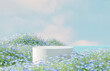Natural beauty podium backdrop with spring blue flowers landscape scene. 3d rendering.