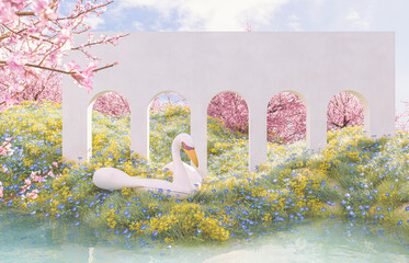 Poster - Natural beauty podium backdrop with spring sakura cherry blossom landscape scene. 3d rendering.