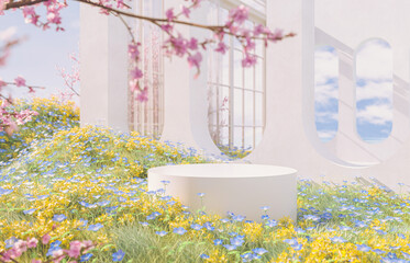 Poster - Natural beauty podium backdrop with spring sakura cherry blossom landscape scene. 3d rendering.