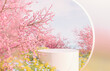 Natural beauty podium backdrop with spring sakura cherry blossom landscape scene. 3d rendering.