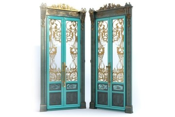 Model of two metal doors with double entrances, isolated on a white background. Generative AI