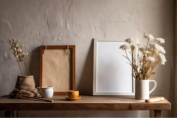Wall Mural - Morning still life. On a wooden desk are an empty picture frame mockup, a cup of coffee, a notebook, and a vase of dried flowers. Brick tiled wall in the distance. Nordic, Scandinavian, and hygge