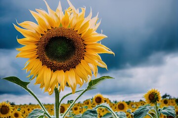 Canvas Print - Sunny sunflower flower scattered its leaves against blue sky., created with generative ai