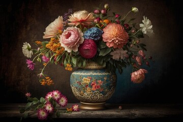 Wall Mural - an old-fashioned bouquet of vibrant, colorful vintage flowers arranged in a rustic vase., created with generative ai