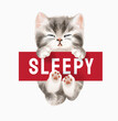 little kitten hanging on sleepy slogan vector illustration