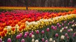 © altitudevisual - Even planted rows of tulips flower of different colors., created with generative ai