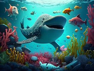 Generative ai. A whale shark swimming under a coral reef with a fish on it.