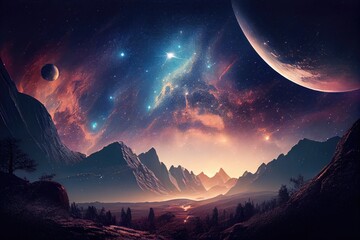 Wall Mural - majestic starry sky with view of distant galaxy in the background, created with generative ai