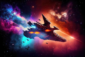 Sticker - fantastic spaceship flying past cosmic nebula, with its colorful and starry backdrop, created with generative ai