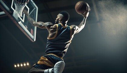 Fictional basketball player about to slam dunk under the court lights.