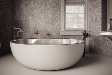 Poster - Bathroom interior with large round bathtub with faucet and window., created with generative ai