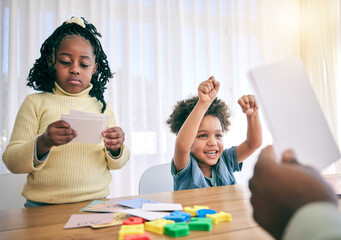 Sticker - Education, help and parents with children for homework, school activity and learning with paper. Black family, creative project and happy boy and girl excited for teaching, lesson and playing at home