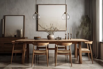 Sticker - Interior decoration of a chic wabi sabi dining room with a mock up poster frame, a wooden dining table, a chair, and lovely personal accessories. modern interior design. Template. Generative AI