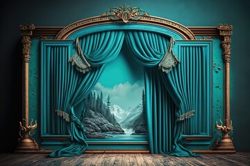 turquoise curtain stage with frames, GENERATIVE AI