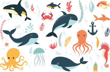 Wall Mural - set of sea animals, fish, whales, octopuses vector