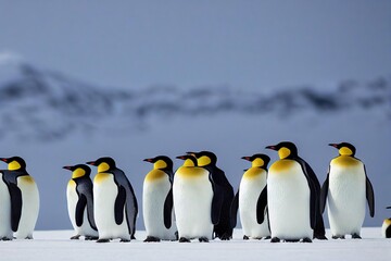 Sticker - Group of funny emperor penguins stands in snow and looks one way., created with generative ai