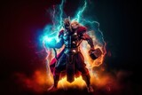 Fototapeta Sport - An illustration of Thor, the God of Thunder in Nordic culture, The main god of vikings with his hammer in colorful flames. Generative ai