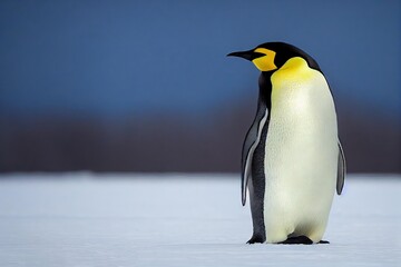 Sticker - Emperor penguins on brilliant snow on dark blue background., created with generative ai