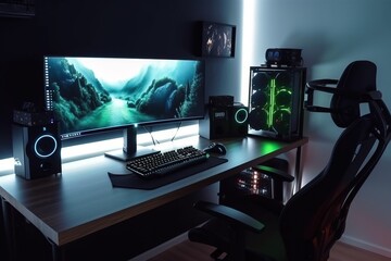 Gaming set up for a gamer or streamer with neon and leds. Concept: A place to play video games and to stream. Generative ai