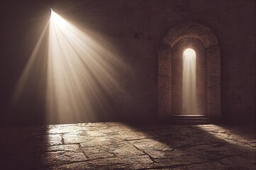 Poster - Empty tomb in abandoned stone crypt with arched doors., created with generative ai