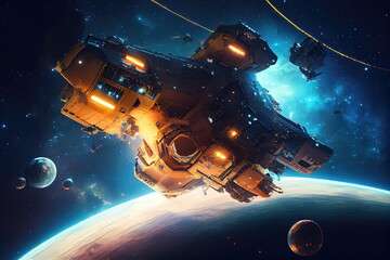 Wall Mural - view of spaceship floating among the stars with its engines running, created with generative ai