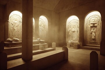 Canvas Print - Gloomy columns on empty grave in old religious style., created with generative ai