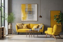 In The Interior Of A Contemporary Living Room With A Yellow Leather Sofa And Armchair, A Floor Lamp, And Branches In A Vase On A Wooden Coffee Table, There Is A Horizontal Blank Poster On A Yellow Con