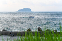 Keelung City, Taiwan - SEP 14, 2019: Ship At Sea Background Is Keelung Islet.