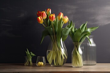 Poster - Mother's Day design concept with tulip flower in glass vase on wooden table background wall. Generative AI